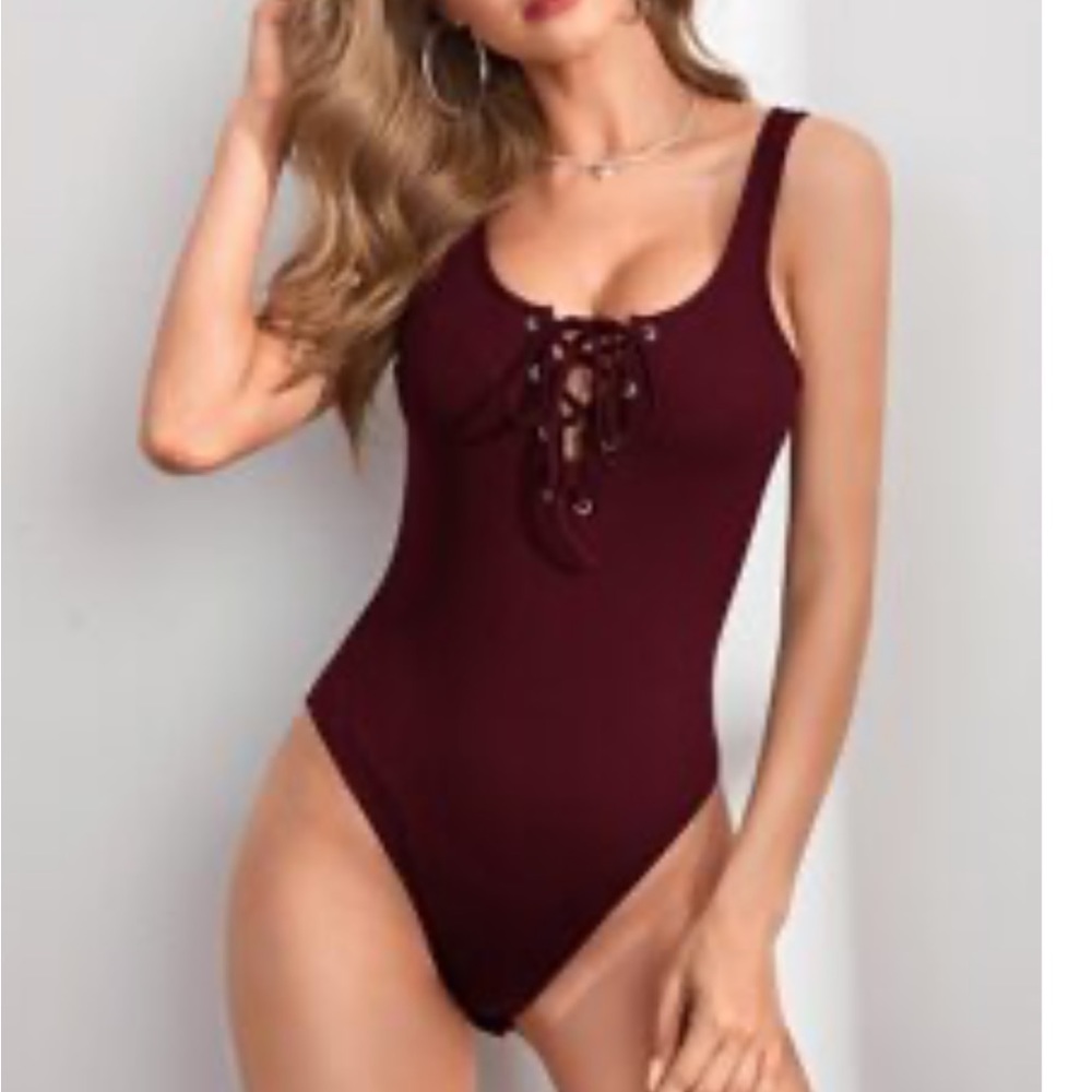 Shein lace up front rib knit tank bodysuit burgundy M